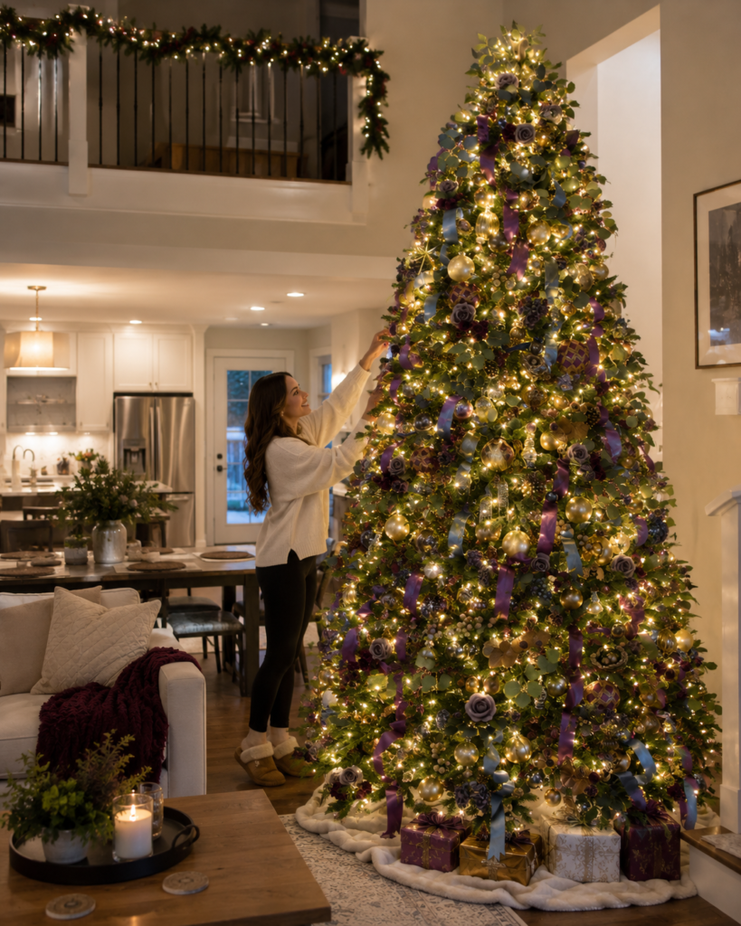 A realistic Christmas tree available at Christmas Jungle covered in glowing warm white lights and elegant purple, blue, and gold decorations stands in a modern, cozy home