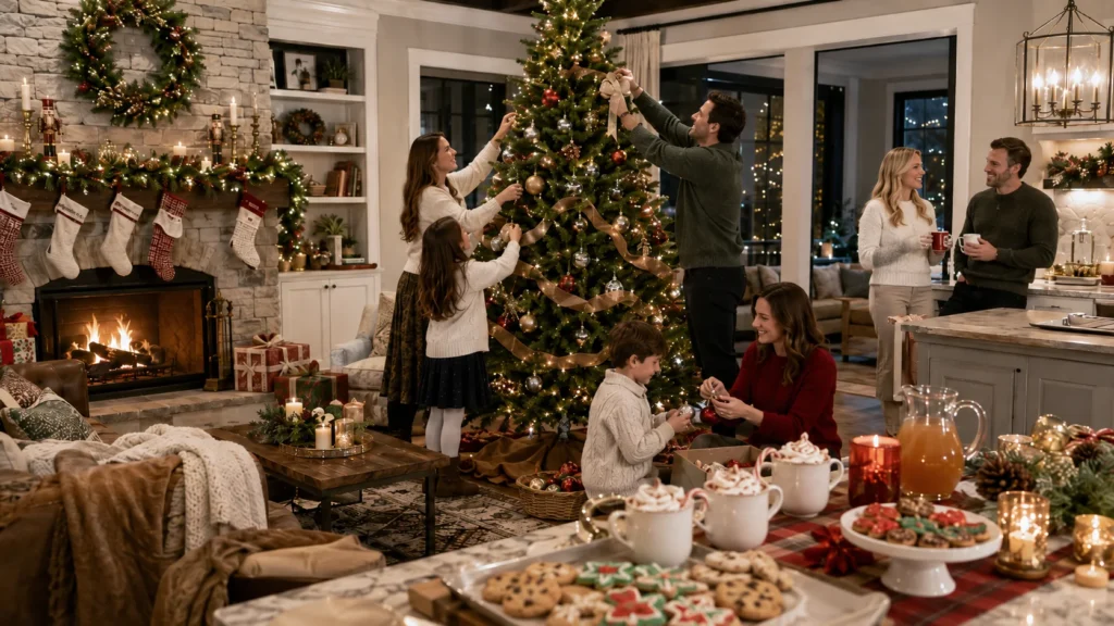 family trimming artificial Christmas tree 