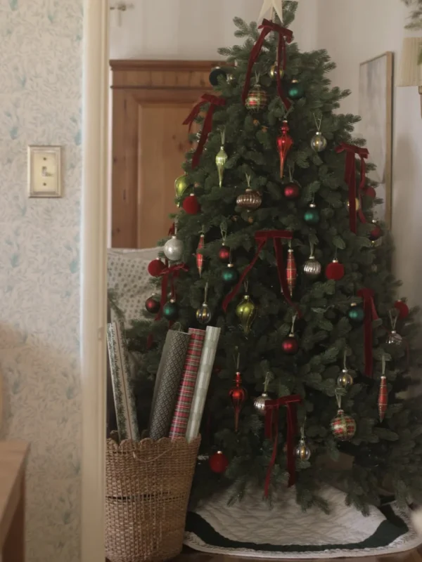 Cypress Spruce artificial Christmas tree decorated and as seen in home