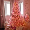 Pink Duchess Flock artificial Christmas tree decorated and led lit