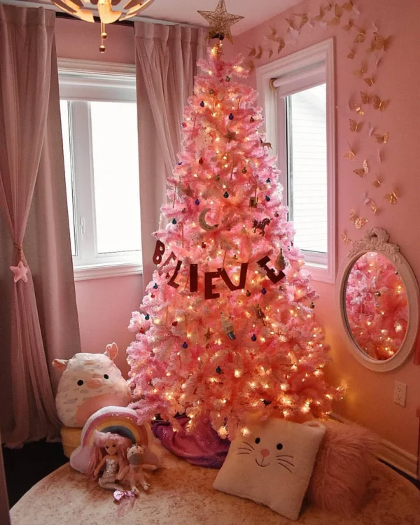 Pink Duchess Flock artificial Christmas tree decorated and led lit