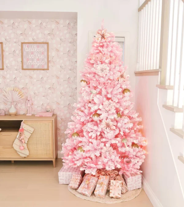 Pink Duchess Flock artificial Christmas tree as seen in home