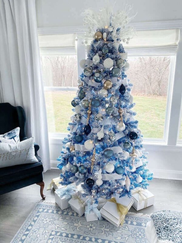 Duchess-blue-Flock-Artificial-Christmas-Tree decorated Duchess Flock artificial Christmas tree led lit