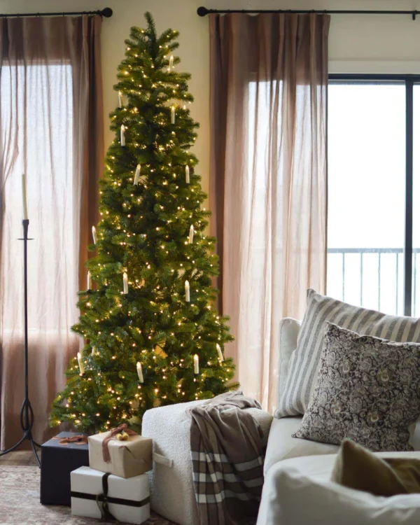 beautifully decorated King Douglas Fir Slim artificial Christmas tree