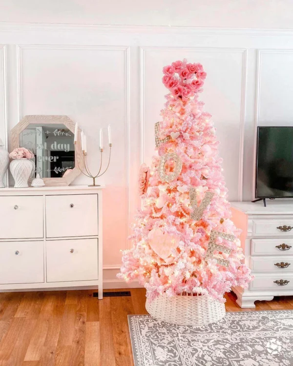 decorated Pink Duchess Flock artificial Christmas tree as seen in home