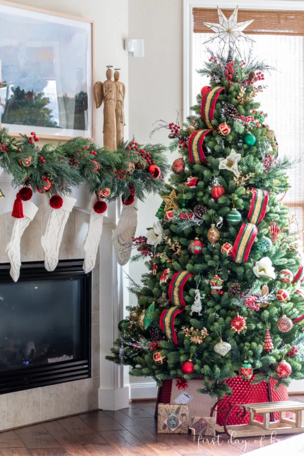 beautifully decorated Royal fir artificial Christmas tree as seen in home