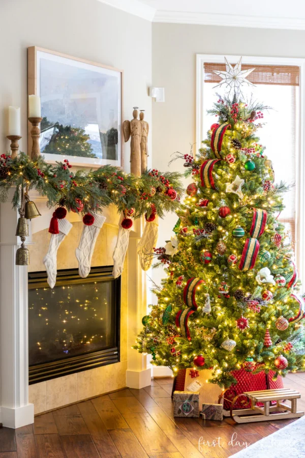 decorated Royal fir artificial Christmas tree in Home