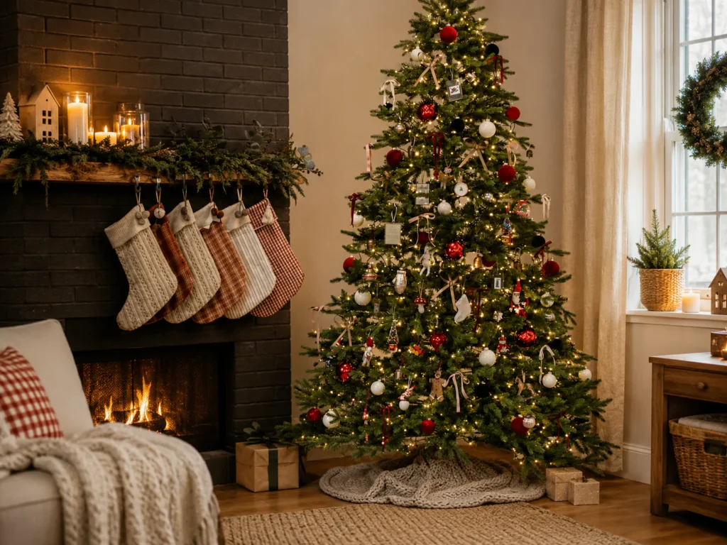 a cozy christmas view with decorated and lit artificial Christmas tree