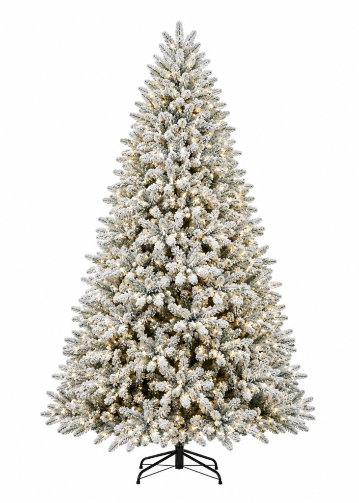 flock artificial Christmas tree assembled