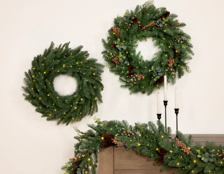 Wreaths and garland styled and positioned