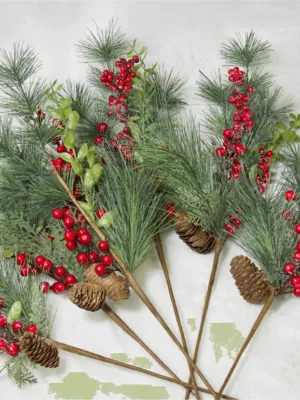 A bundle of Berry and Pine Picks featuring red berries, pine needles, leafy greenery, and pinecones.