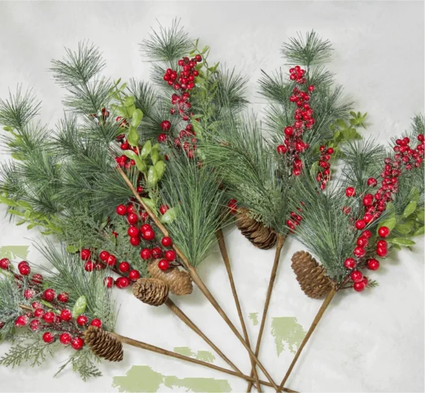 BerryandPinePicks_12Pack A bundle of Berry and Pine Picks featuring red berries, pine needles, leafy greenery, and pinecones.
