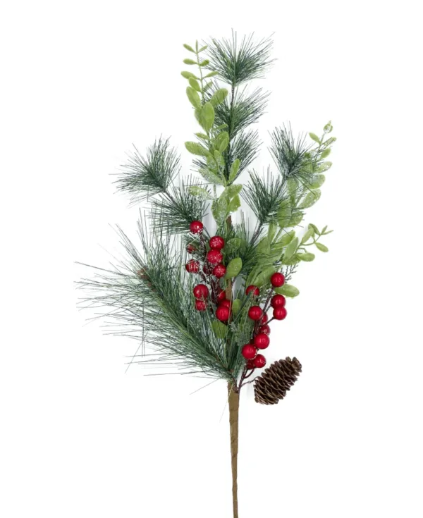 BerryandPinePicks_12Pack1 A bundle of Berry and Pine Picks featuring red berries, pine needles, leafy greenery, and pinecones.