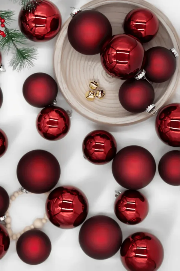 BurgundyEssentialOrnamentSet A view of Burgundy Essential Glass Ornaments (24 Pack) available at Christmas Jungle