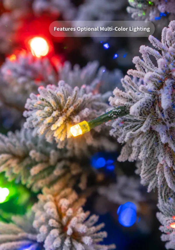 Close-up of frosted Queen Flock tree branches highlighting optional multi-color LED lights.