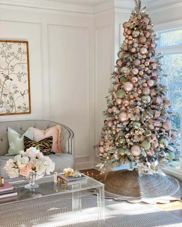 King Flock Full Artificial Christmas Tree lavishly styled with metallic rose gold ornaments and ribbon next to a grey tufted sofa.