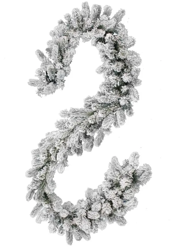 King Flock Garland arranged in a vertical S-curve showing dense snow-flocked pine branches against a white background.