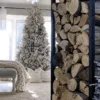 King Flock Full Artificial Christmas Tree decorated with lanterns and cream ribbon framed by a stacked wood rack.