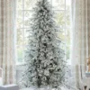 Pre-lit Queen Flock Slim Artificial Christmas Tree glowing in front of a window on a white tree skirt.