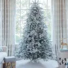 Unlit Queen Flock Full Artificial Christmas Tree featuring heavily frosted branches on a white tree skirt.