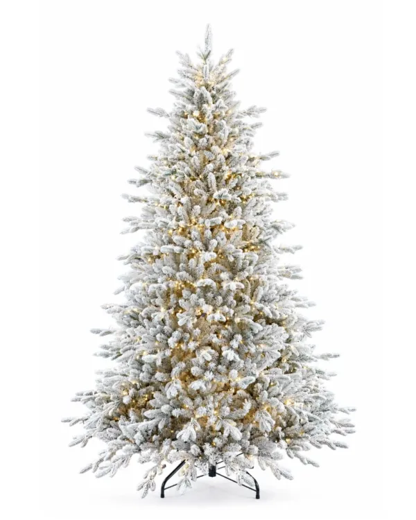 Pre-lit Queen Flock LED Lux Full Artificial Christmas Tree on a metal stand against a white background.
