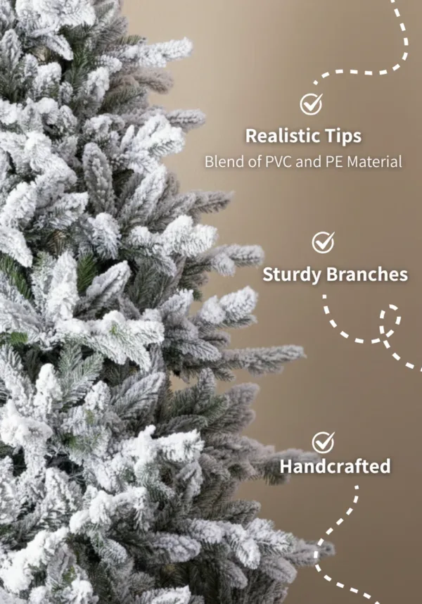 Close-up of snow-flocked Queen Flock Full Artificial Christmas Tree branches highlighting realistic PVC and PE tips.