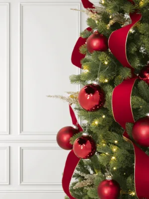 zoomed view of Red Essential Glass Ornaments on Artificial Christmas tree