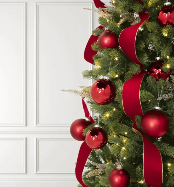 zoomed view of Red Essential Glass Ornaments on Artificial Christmas tree