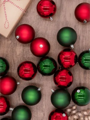 View of Red and Green Shatter Proof Ornaments available at Christmas Jungle