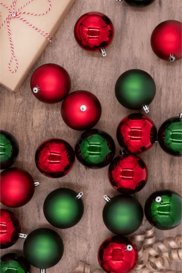 View of Red and Green Shatter Proof Ornaments available at Christmas Jungle
