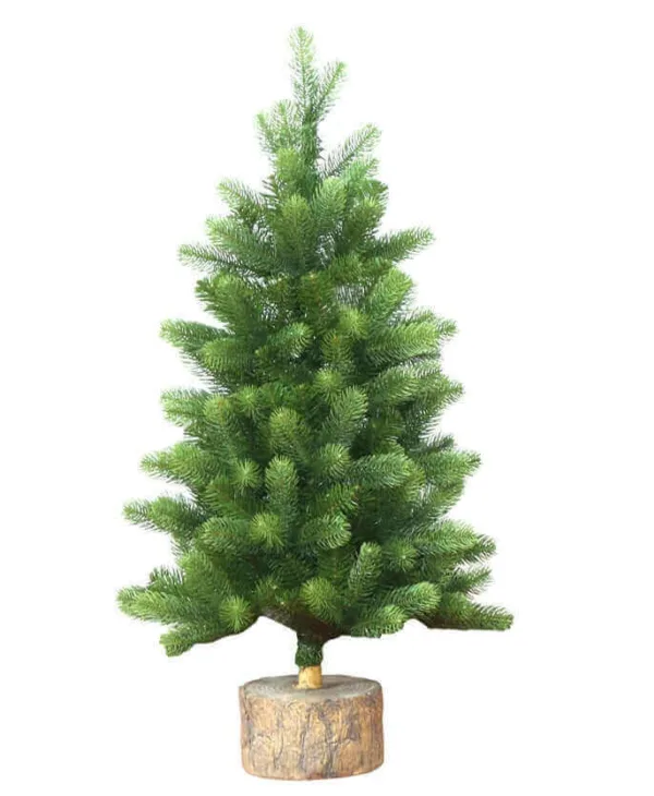 3' Royal Fir Artificial Christmas Tabletop Tree with lush green foliage mounted on a realistic faux wood log base against a plain white background.