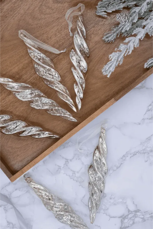 view of Silver Twists Glass Ornament Set (6 Pack) available at Christmas Jungle