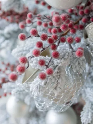 Close-up of frosted red Sugar Berry Picks tucked into a flocked Christmas tree.