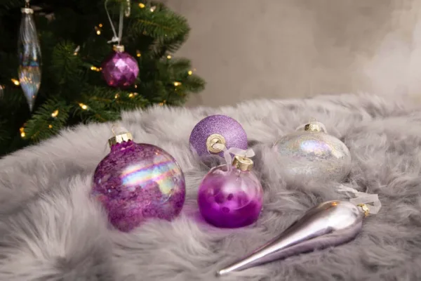 view Elegant 30 Piece Purple Glace Ornaments as seen on artificial Christmas tree