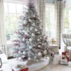 White24Essentials Elegant beautifully Styled Flock Artificial Christmas tree with White Essential Glass Ornaments (24 Pack) hanged on Flocked Artificial Christmas tree
