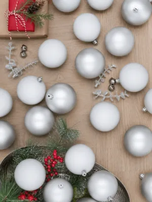 View of White Shatter proof ornaments