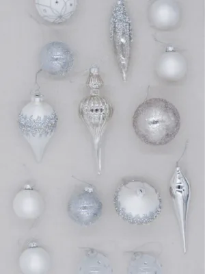 View of Winter Frost 15-Piece Glass Ornament Set (White-Silver) available at Christmas Jungle