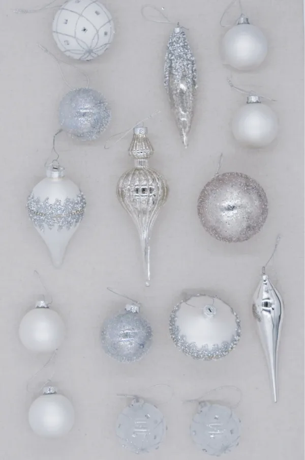 View of Winter Frost 15-Piece Glass Ornament Set (White-Silver) available at Christmas Jungle