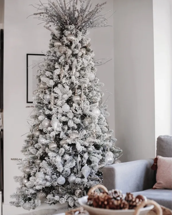 Winter Frost 15-Piece Glass Ornament Set (White-Silver) as seen on a Flock Artificial Christmas tree