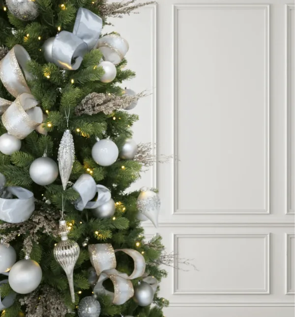 Winter Frost 15-Piece Glass Ornament Set (White-Silver) hanged on fir Artificial Christmas Tree
