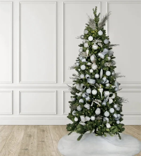 styled fir Tree with Winter Frost 15-Piece Glass Ornament Set (White-Silver)