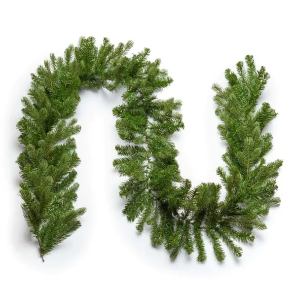 Unlit Cypress Spruce Garland arranged in a curved wave pattern on a white background.
