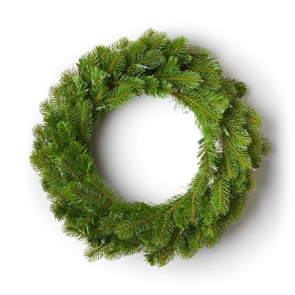 Unlit King Douglas Fir Wreath featuring natural green pine needles on a plain white background.