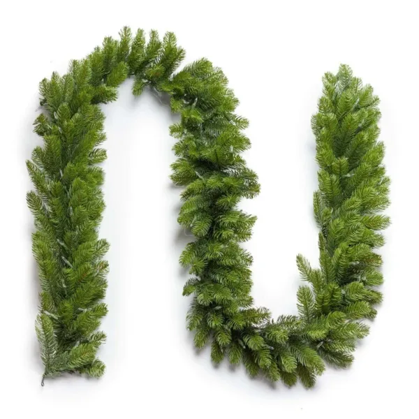 Royal Fir Garland arranged in a curved wave pattern highlighting full green pine branches on a plain white background.