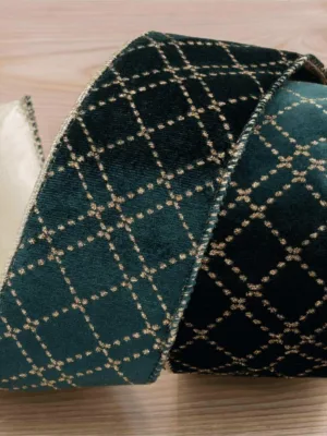 Close-up of deep green velvet Royal Green Ribbon with a gold crisscross lattice pattern.