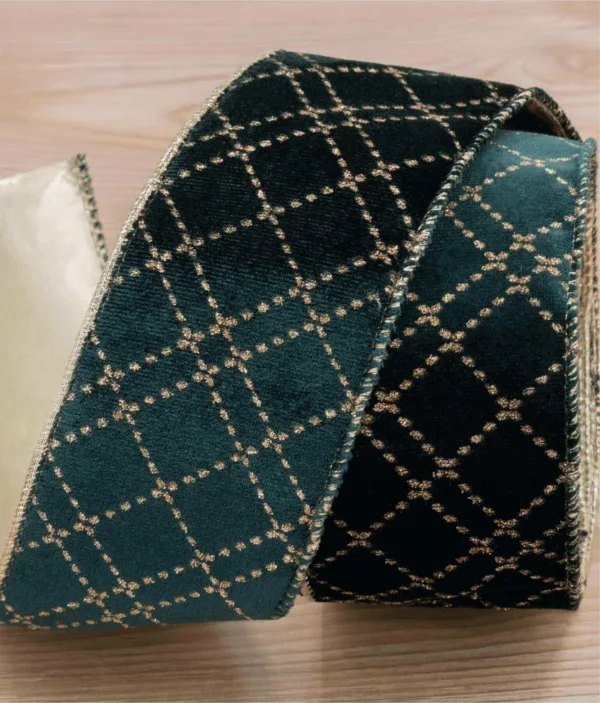 royalgreenribbon Close-up of deep green velvet Royal Green Ribbon with a gold crisscross lattice pattern.